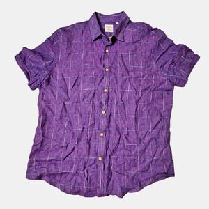 Baird McNutt Linen Murano‎ Button Up Short Sleeve Shirt Mens L Purple Plaid